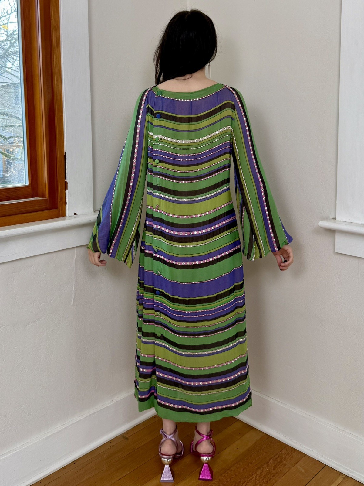 RARE AS IS 1970s Pauline Trigere Silk Glass Rhinestone Bell Sleeve Kaftan Dress