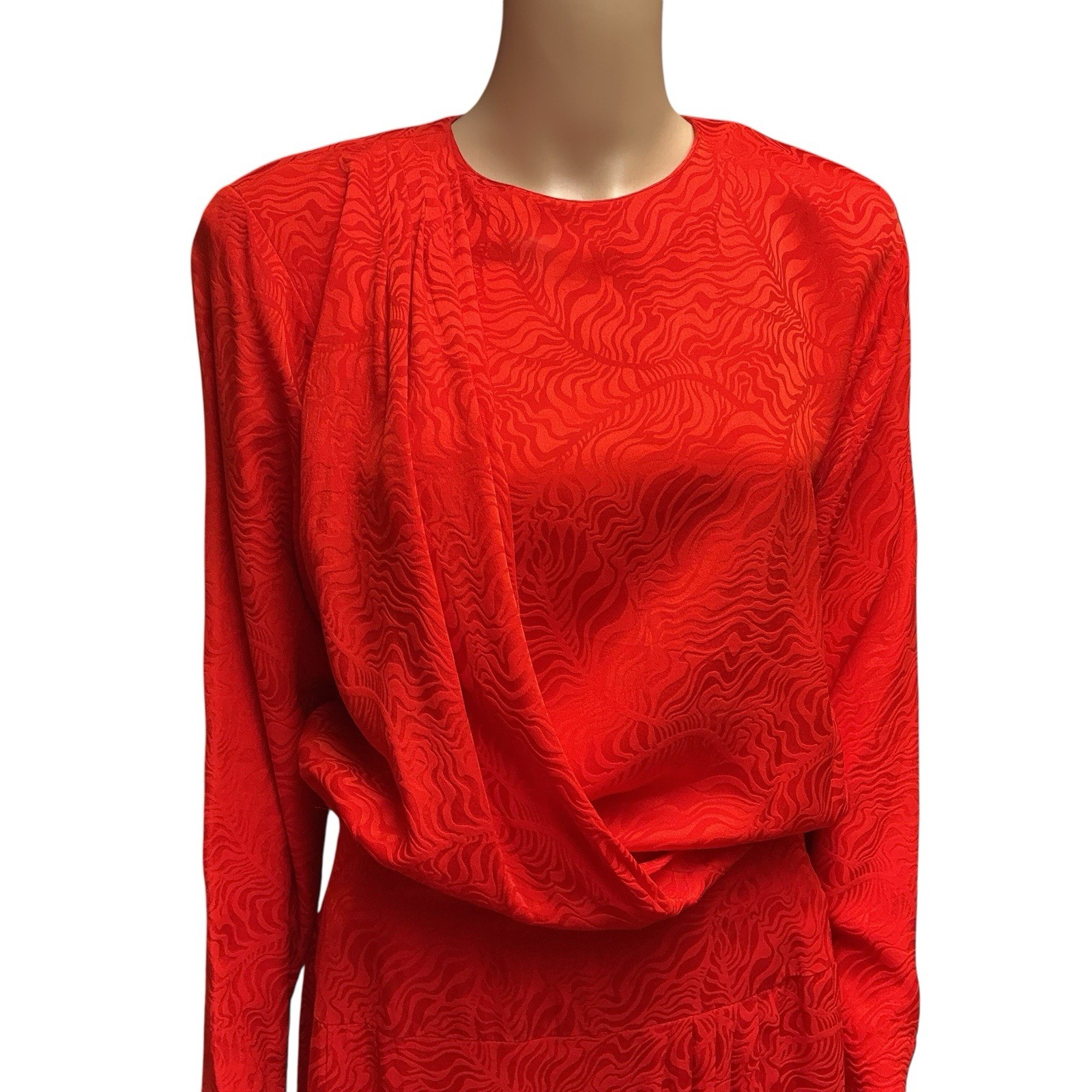 80s Liz Claiborne Red Silk Dress Floral Jacquard Blouson Modesty Career Midi