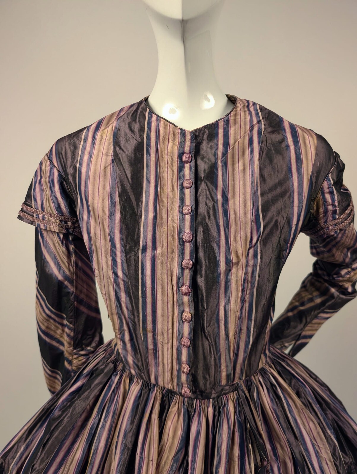 VIBRANT STRIPED HAND SEWN 1840’S SILK TAFFETA DRESS W EPAULETS