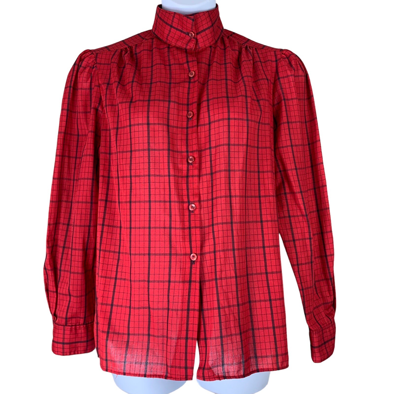 Vintage Blouse Red Black Plaid Long Sleeved Button Up Miss Fashionality Large