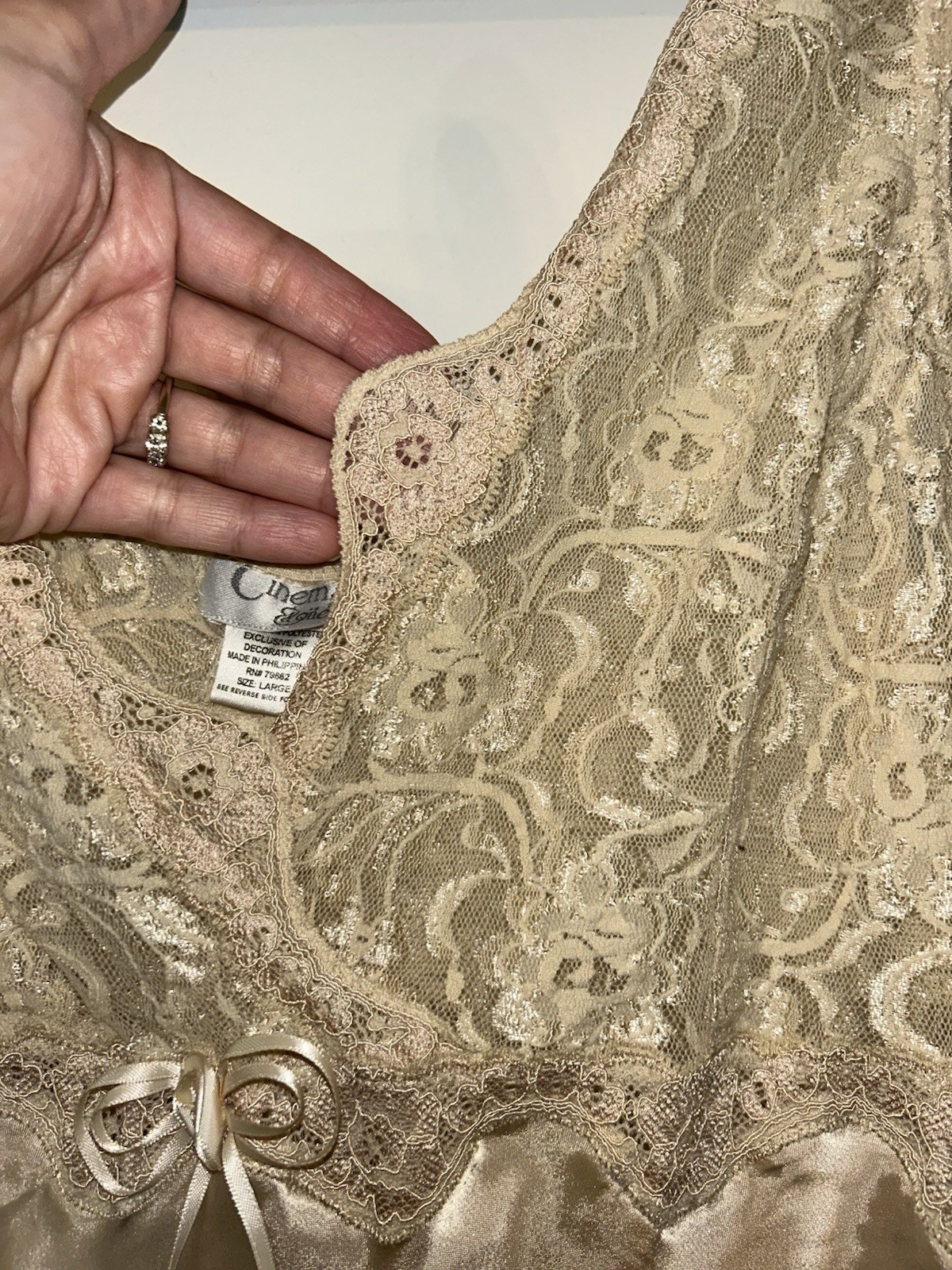 Vintage Cinema Etoile Satin Lace Nightgown Chemise Champagne Gold Slip Large