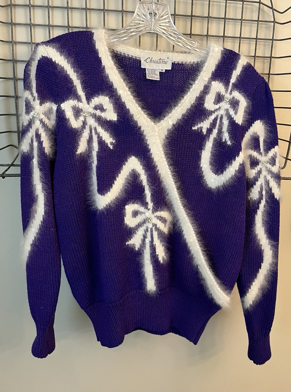 VTG Christine Purple & White Wrap Look Sweater Jeweled 80s Size M With Angora