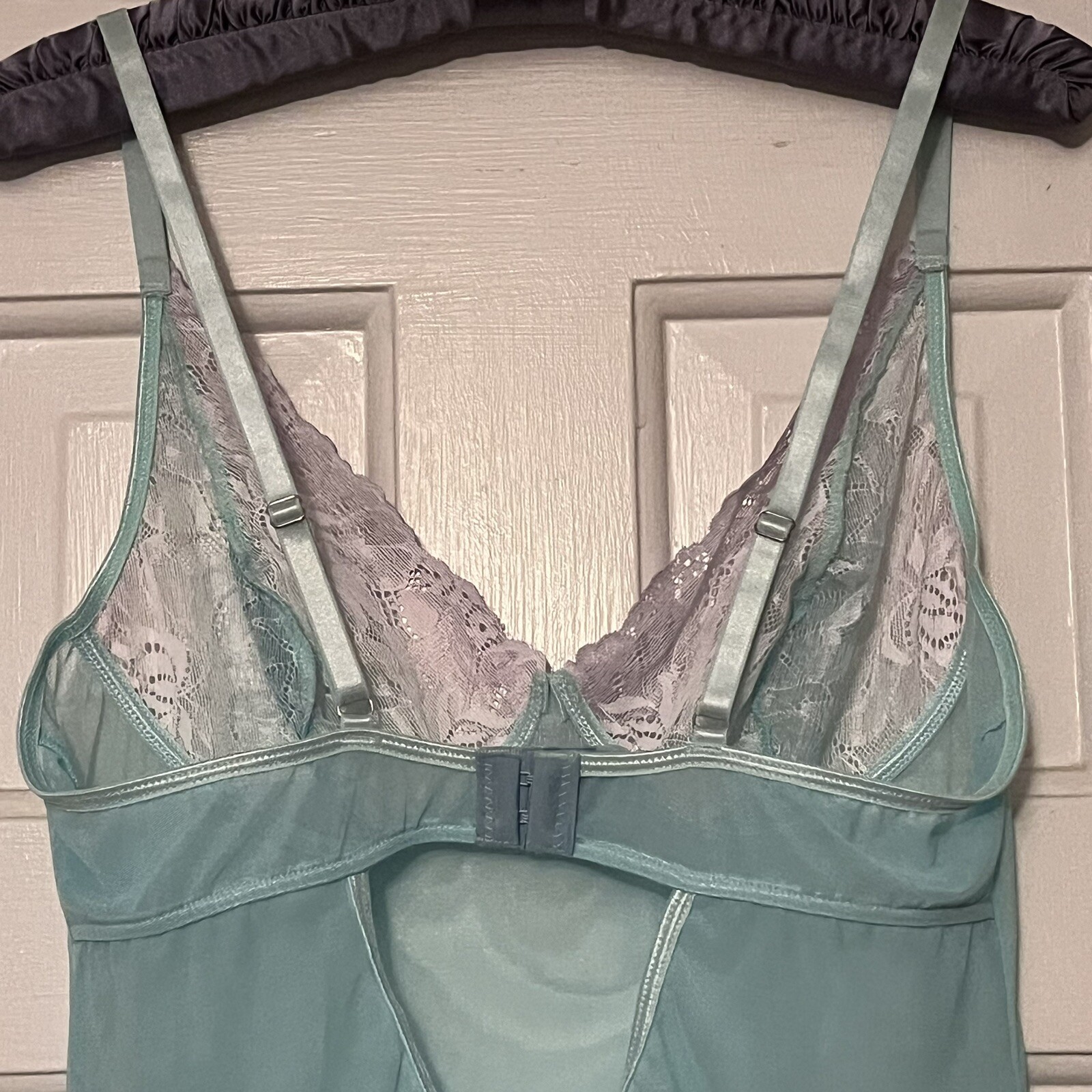 Vintage Ultra Feminine Aqua Lace Trim Mini Slip w/Adjustable Straps Size XL