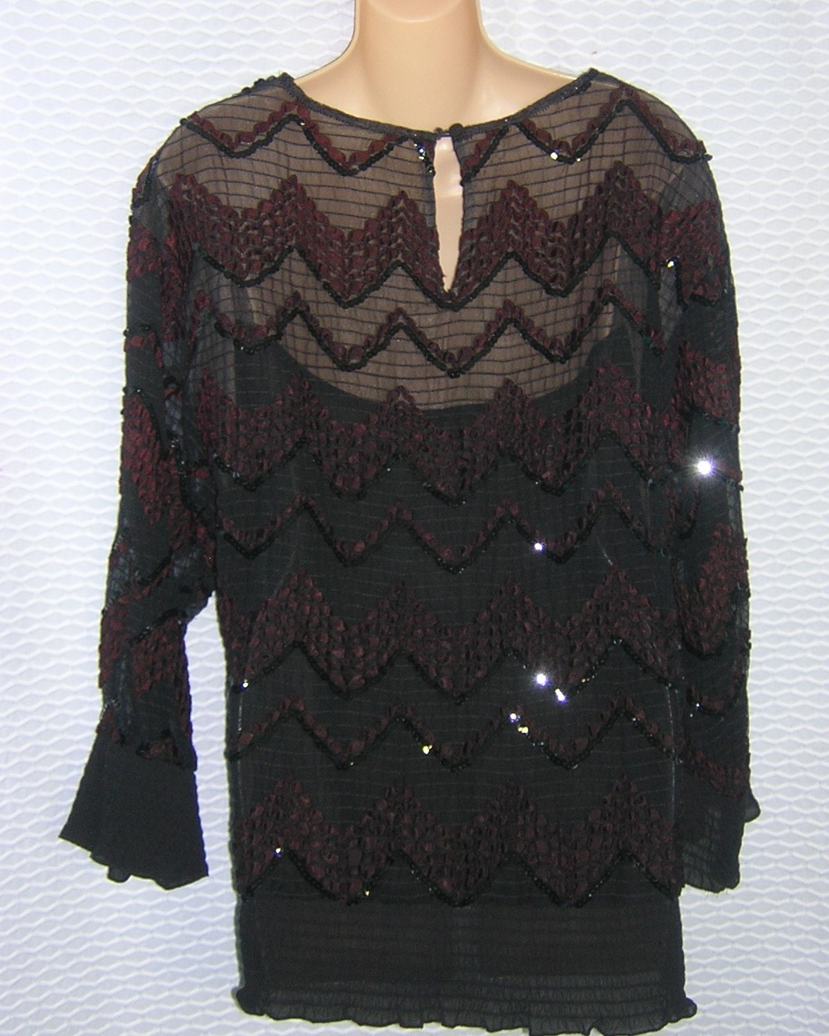 GORGEOUS Vintage 50’s Black SHEER Chevron SEQUINED & Ribbon Embroidered TOP L