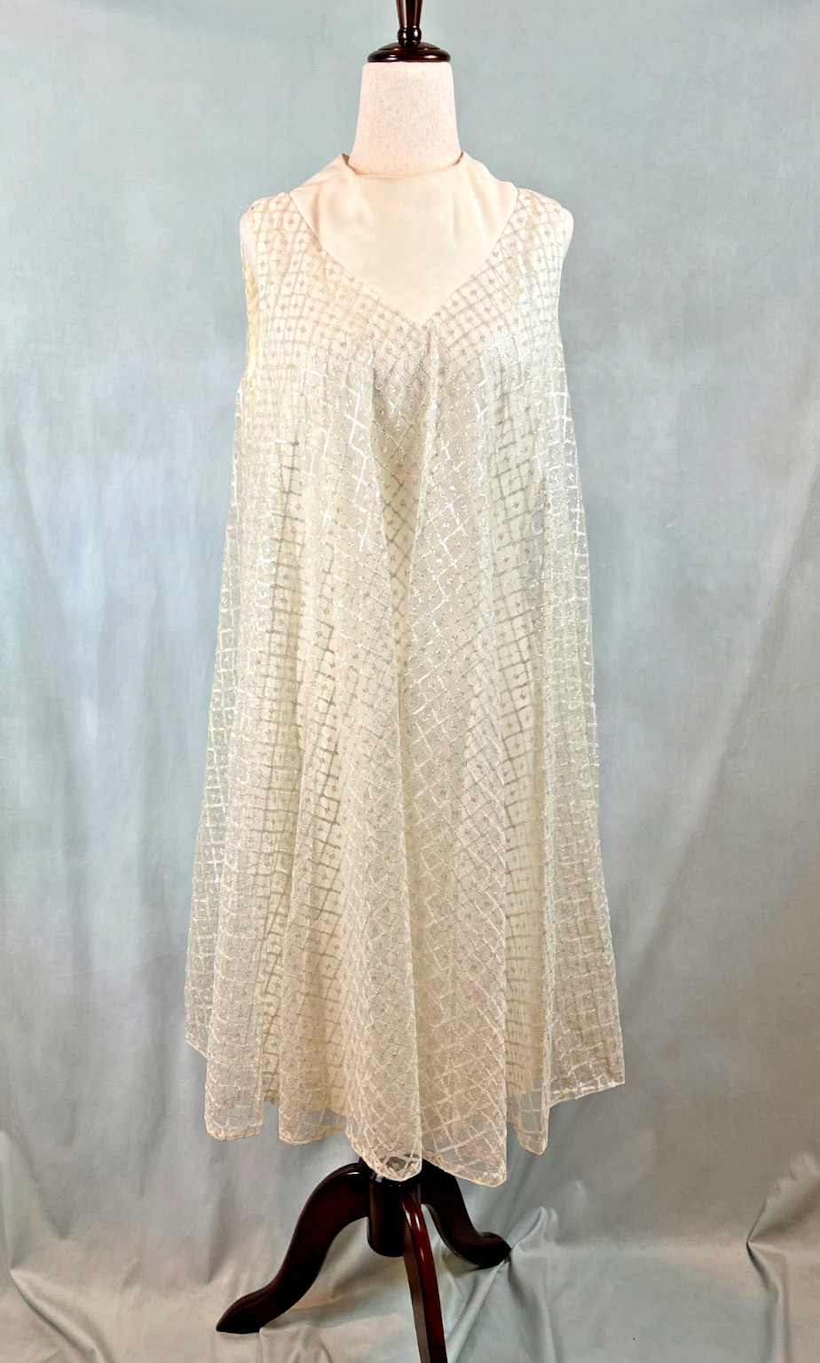 VTG 60’S DESERT FASHIONS LARRY SAKIN CREME SILVER LACE COCKTAIL WEDDING DRESS