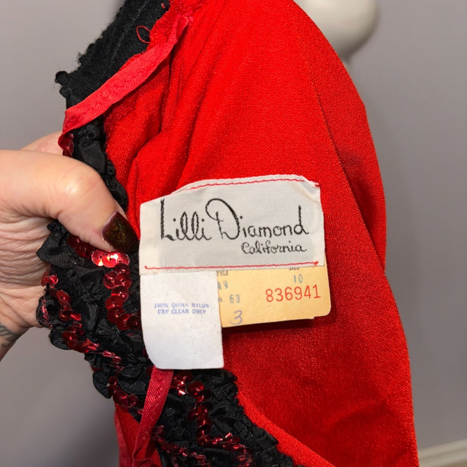 Vtg 70s Lilli Diamond Red Jumpsuit Off Shoulder Black Sequins Womens Size 10