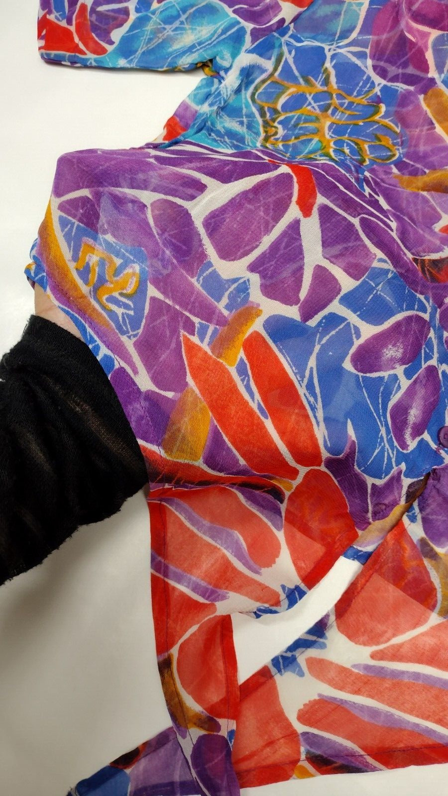 1990s Crop Style Short Sheer Shirt Unisex Purple Floral Rayon Tie Front GAY