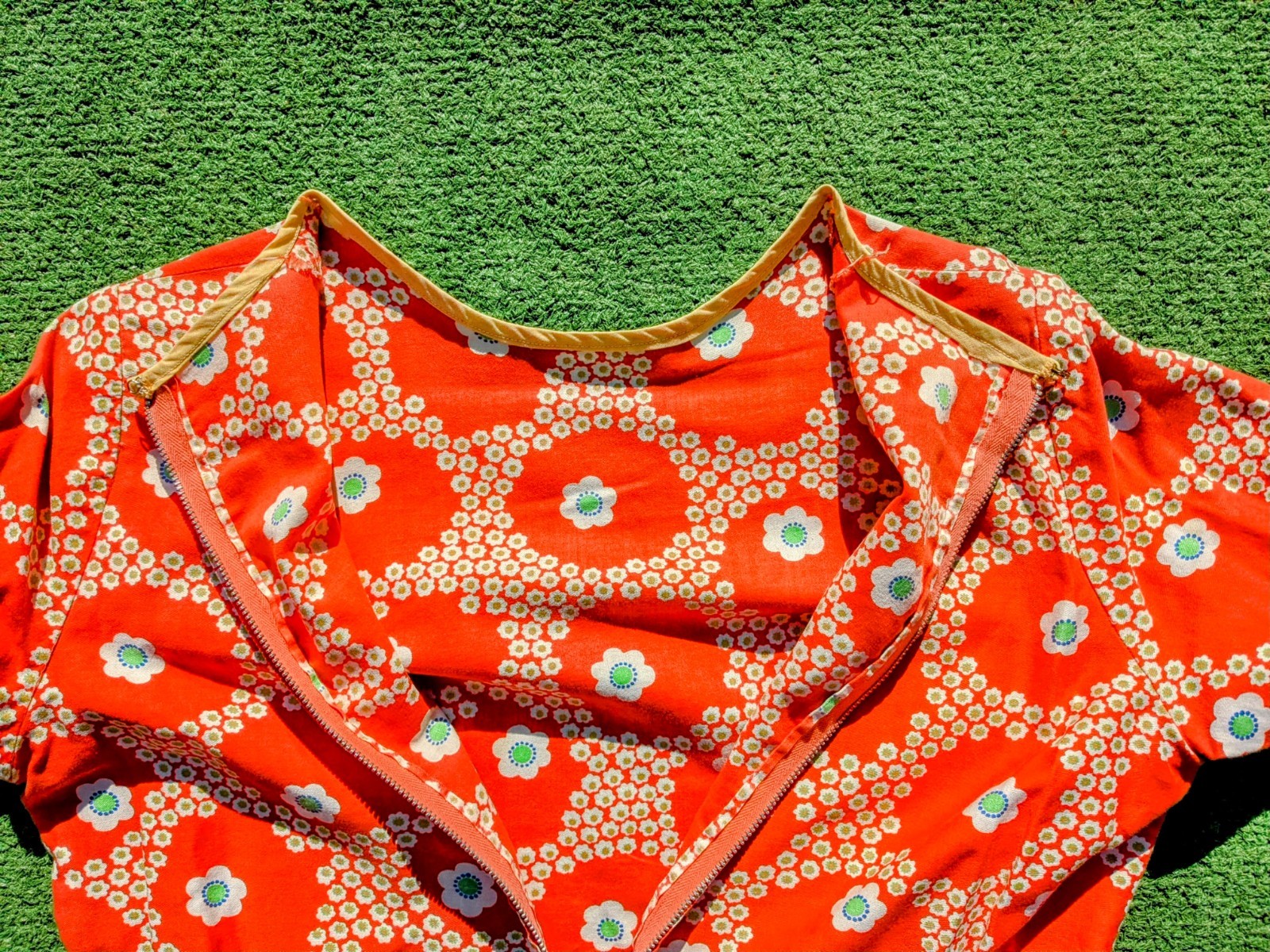 Vintage Custom Handmade Floral Coral Petite XS Mod 3/4 Sleeve Mini Zip Dress GUC