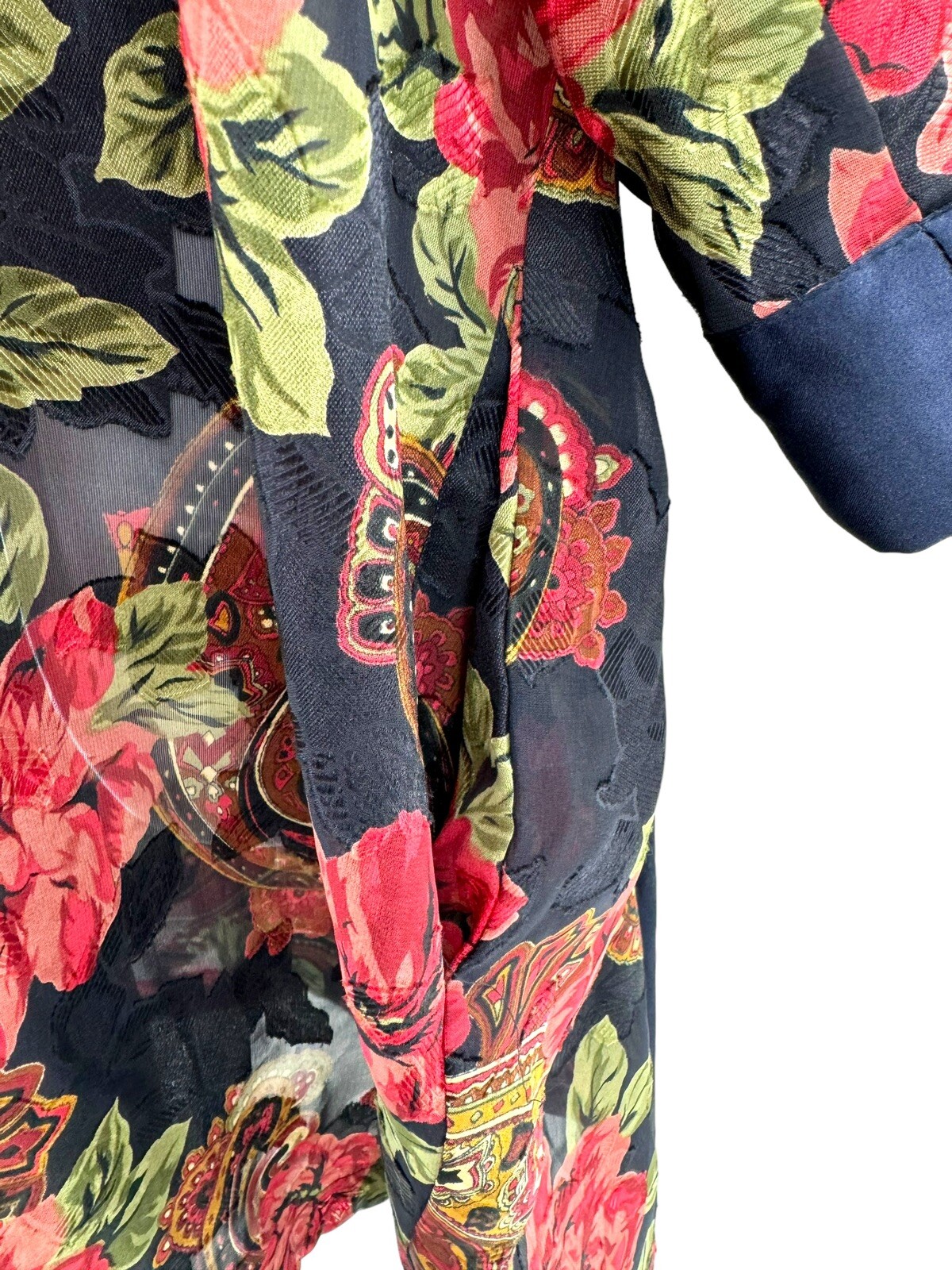 Vintage 80s VS Gold Label Poly Chiffon Floral Brocade Jacquard Kimono Robe