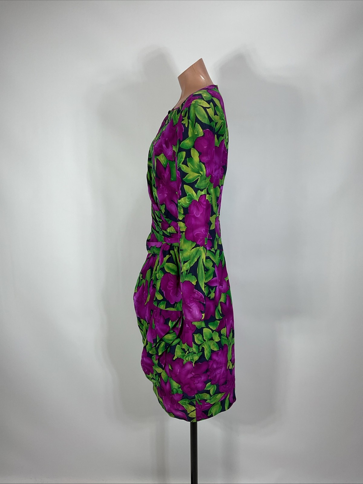80s VTG AJ Bari Evening Dress Bright Floral Faux Wrap Ruched Puffy Sleeve 12