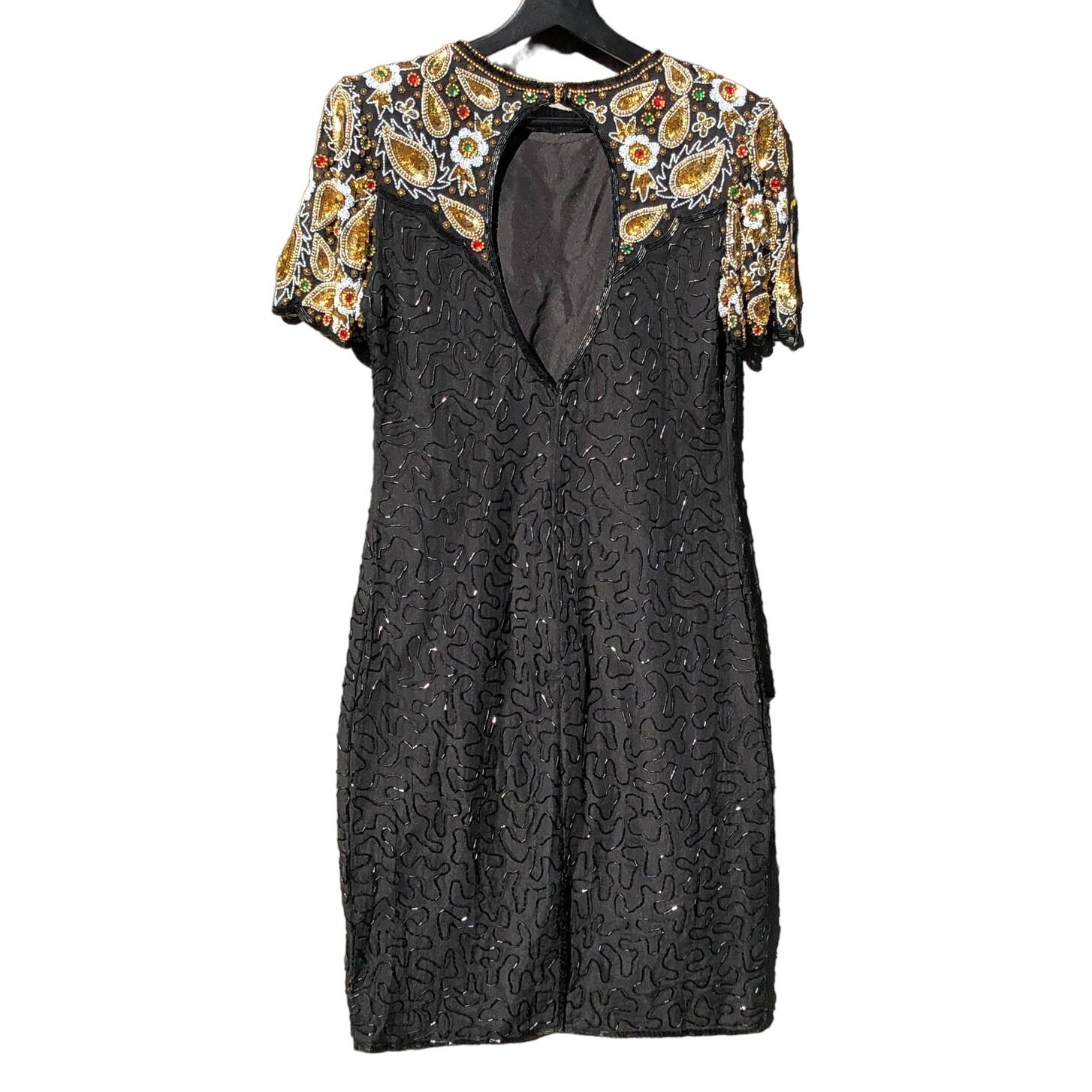 Vintage Fully Beaded Black and Silver Silk Party Dress, 1980s Glamour