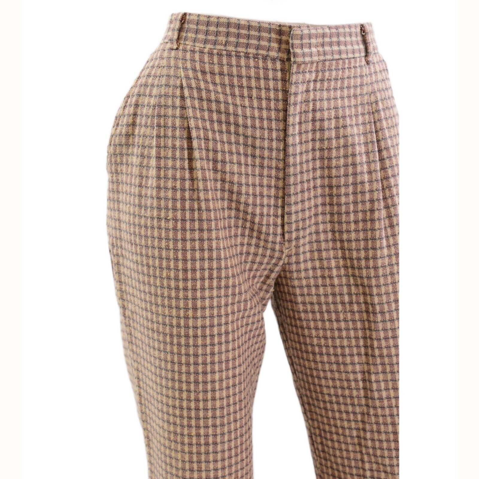 80s Vtg Sabene Woven Plaid High Waist Pants Mauve Beige Textured Knit Straight
