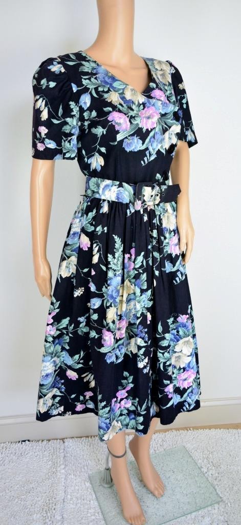 VTG 80s S.L. Fashions Blk Floral Revival Cottagecore Full Skirt Tea Party Dress