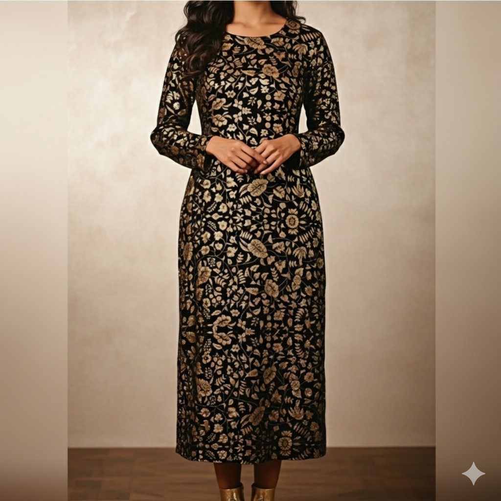 Vintage Long Sleeve Dress – Olive Black and Gold Floral Print S/M White Rice