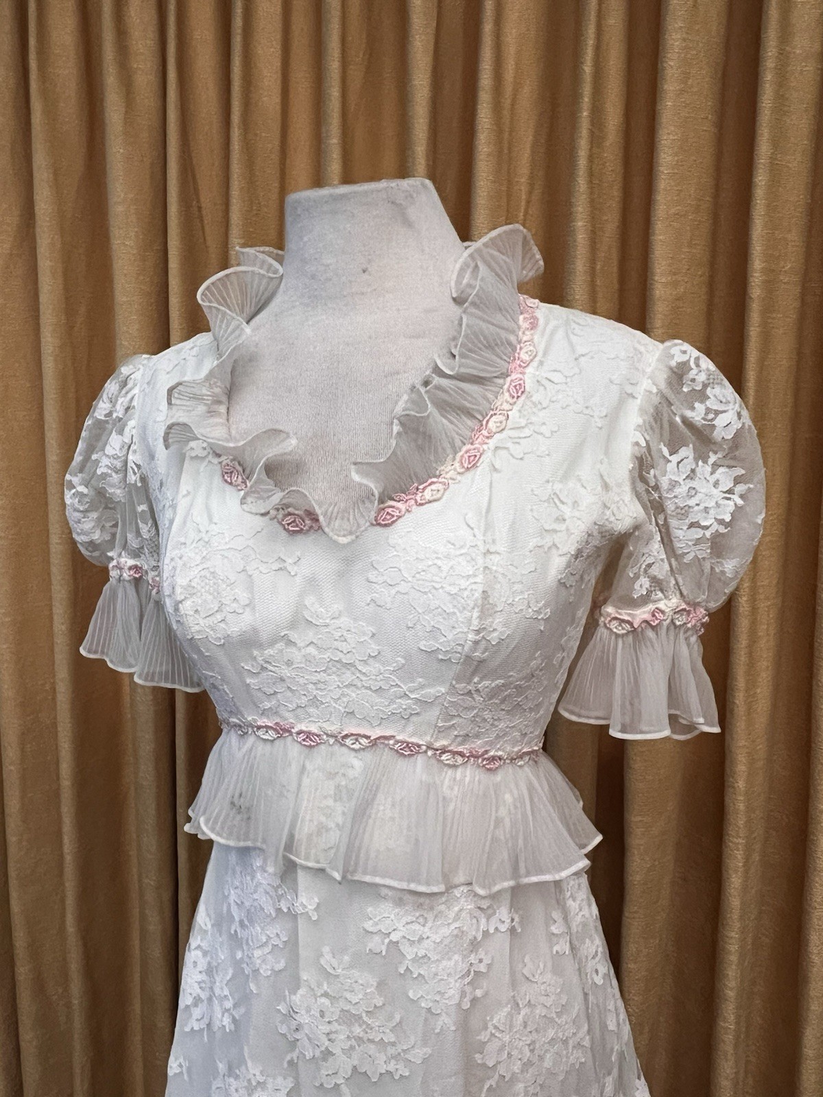 Vintage 1960s Empire Waist Lace Wedding Dress With Rose Appliqué And Ruffles