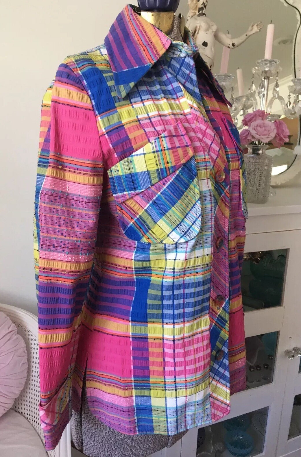 Vintage 1970’s PINK Tutti Frutti SEERSUCKER CHECK Plaid Shirt JACKET Lined BEACH