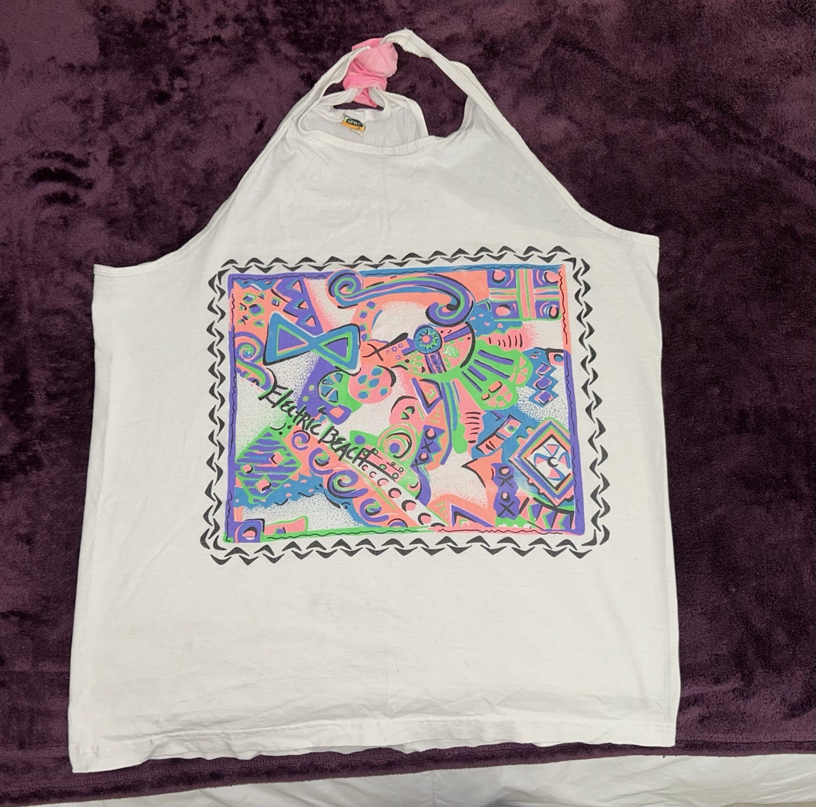 VTG 80s 90s Electric Beach Jantzen Graphic Neon Tank Top-1 Sz Fit All-Unisex-USA