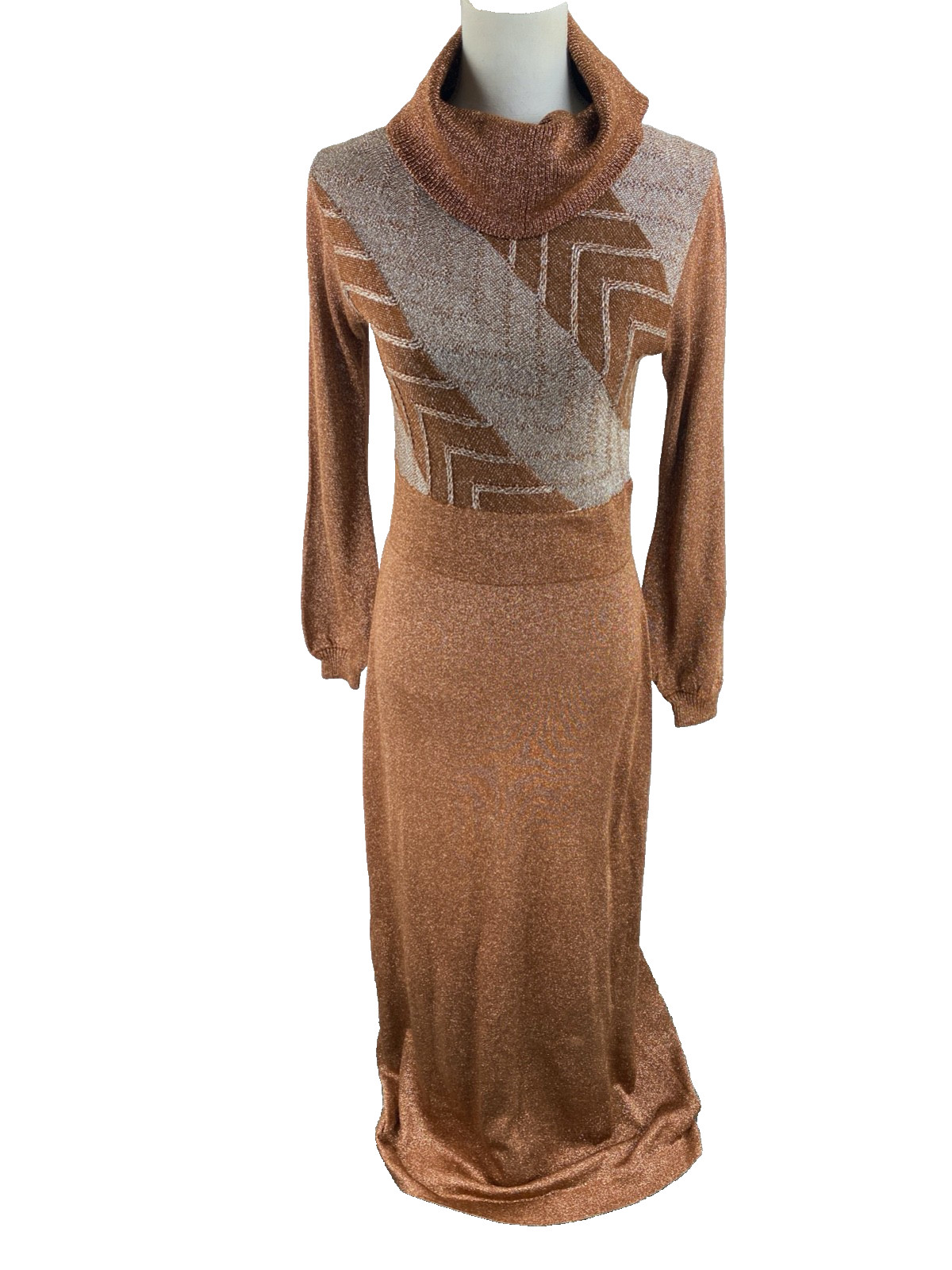 VTG 70s Wenjilli Copper Metallic Disco Slinky Knit Lurex Glitter Dress 13/14