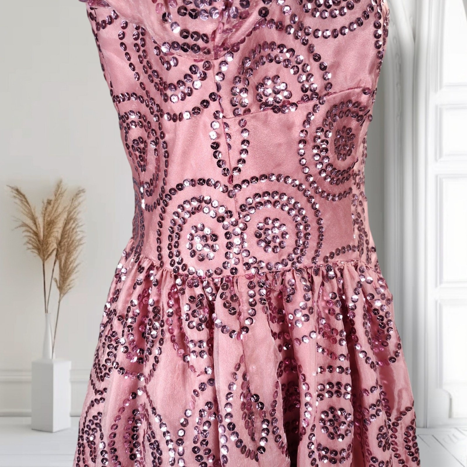 Vintage 80s Pink Sequin Formal Dress Size 12 Puff Sleeve Basque Waist