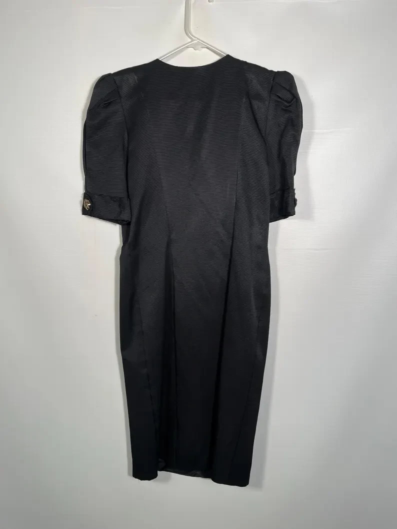Vintage 1980s Black Taffeta Tuxedo Dress With Floral Brocade Collar Size S/M