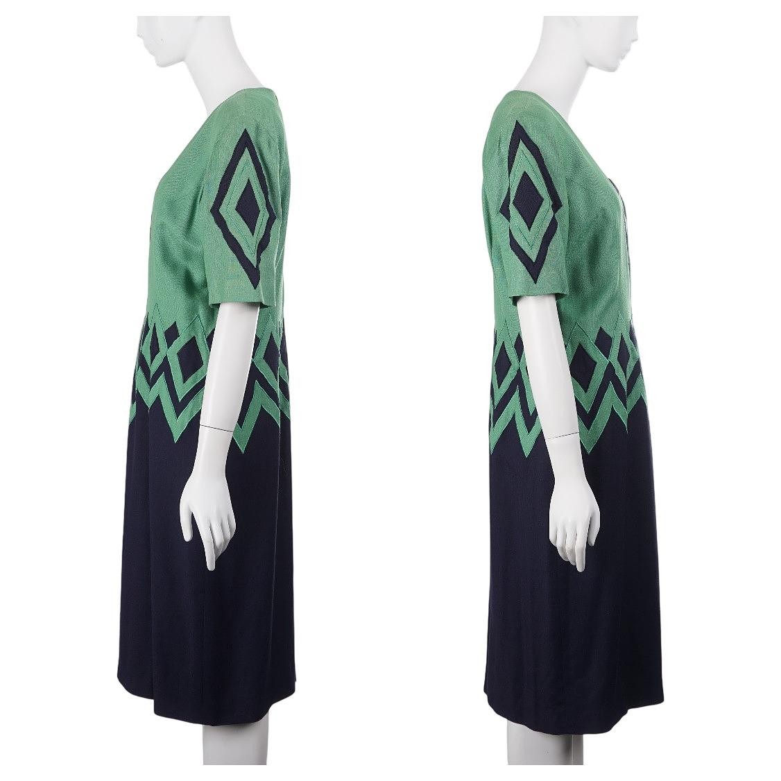 PIA RUCCI Vintage 80s Women Dress 10 Navy Blue Green Linen Blend Secretary Shift