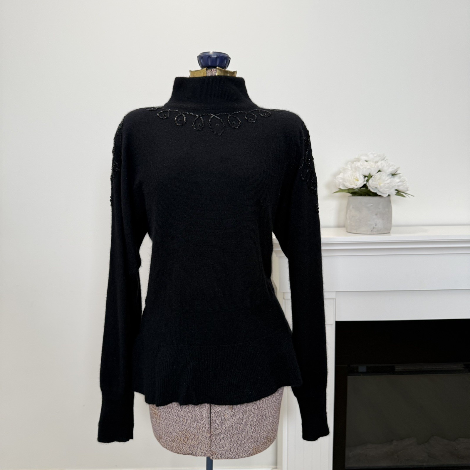 Mervyn’s 80s 90s Mock Neck Sweater Beaded Black Wool Angora Large Vintage Luxury