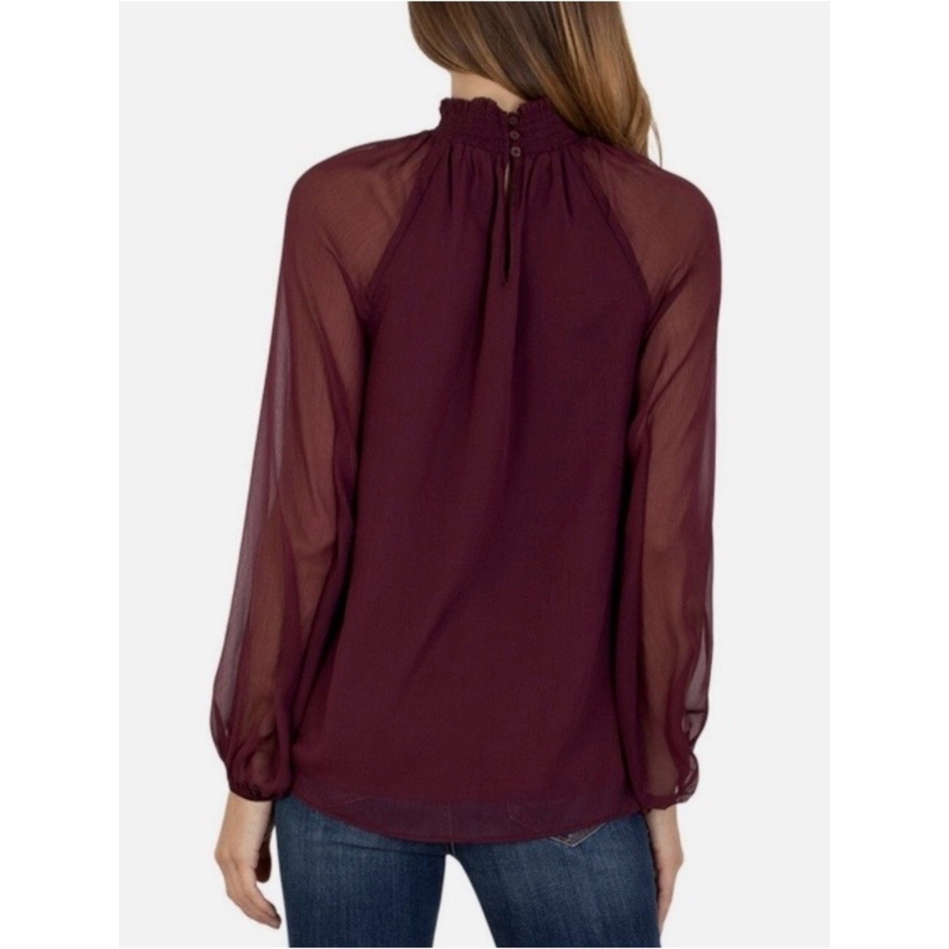 Joie High-Neck Smocked Deep Wine Blouse Top Sheer Long Sleeves Size XL
