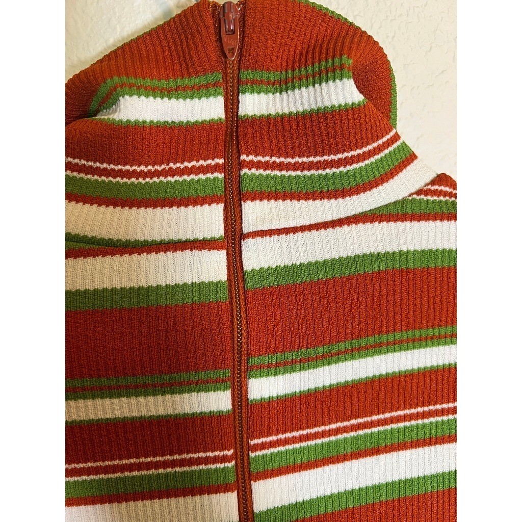 Vintage Mock Turtleneck Top M Striped 1970s Zip Ribbed Knit Poly Orange Green