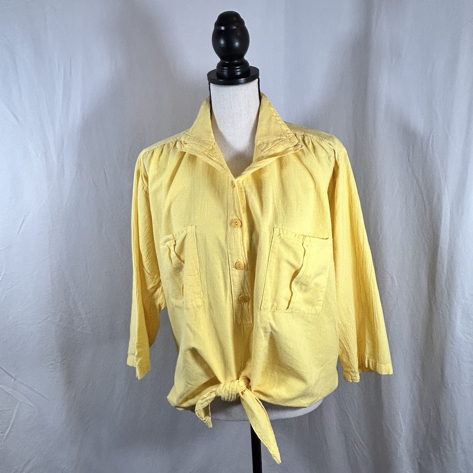 Vintage 80’s Bright Yellow Cotton Tie Front Shirt Blouse Aries & Taurus size M/L