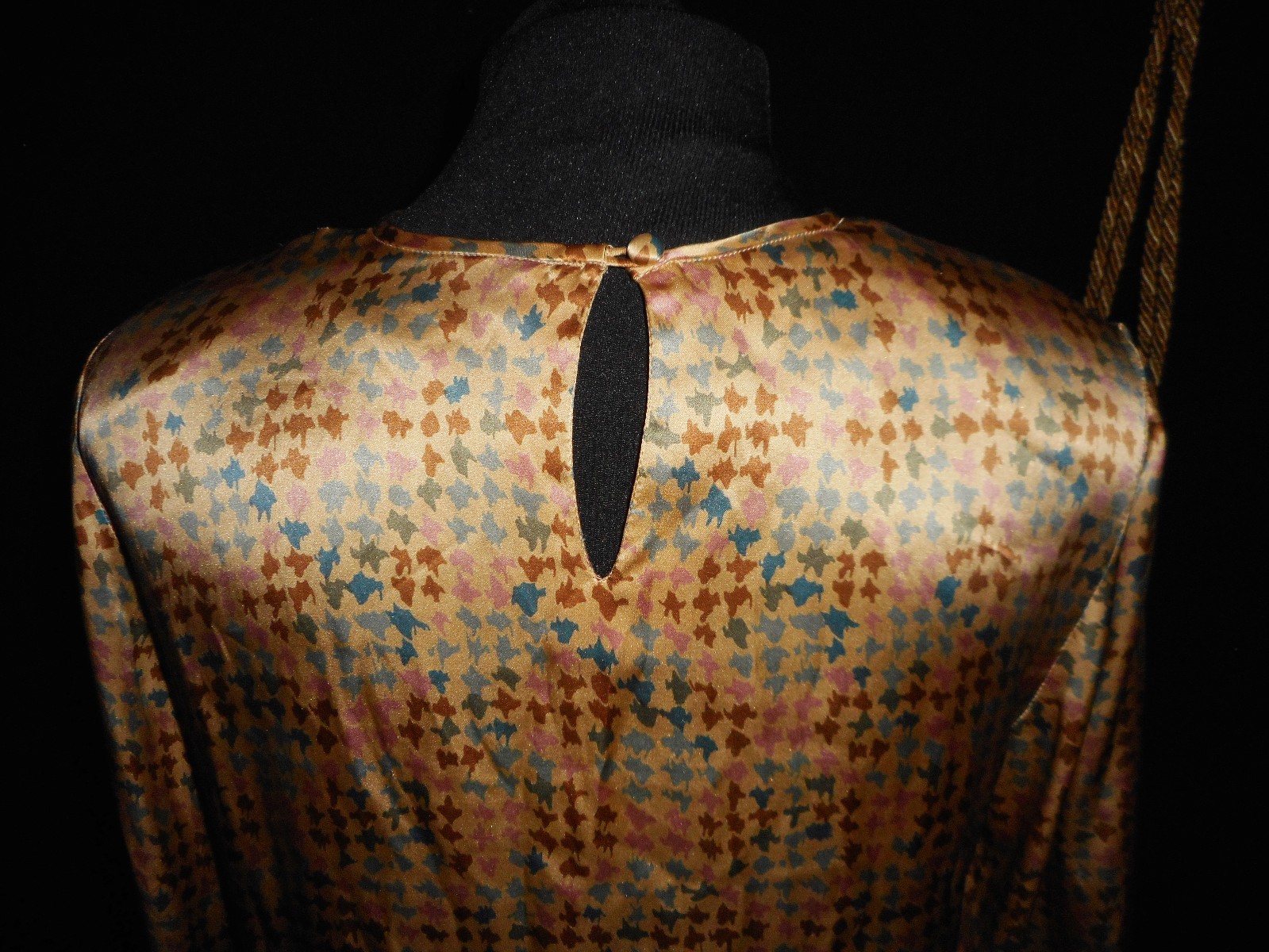 USA VinTage 4 Silk Blouse Gold Beige Teal Long Sleeve Jewel Keyhole Neckline
