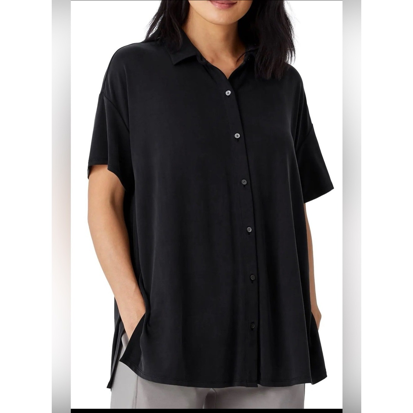 Eileen Fisher Short Sleeve Jersey Button Down Top – Size small