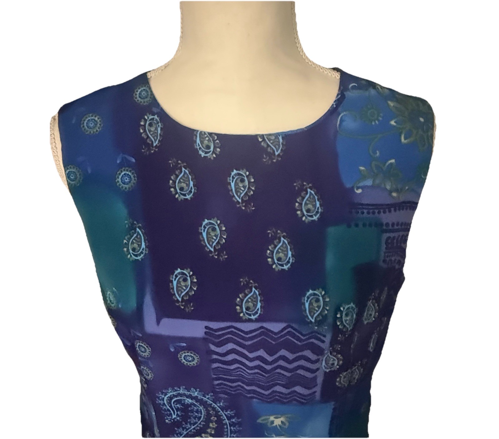 Vintage R&K Originals Maxi Dress Sz12 Blue Purple Turquoise Paisley&Floral Print