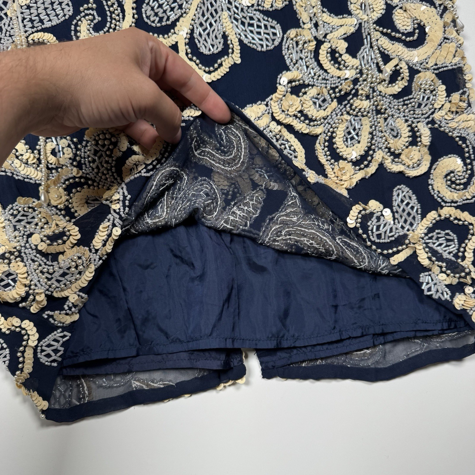 Vintage 80s 90s NITE LINE Beaded Sequin Silk Dress Blue Gold Floral Niteline 10