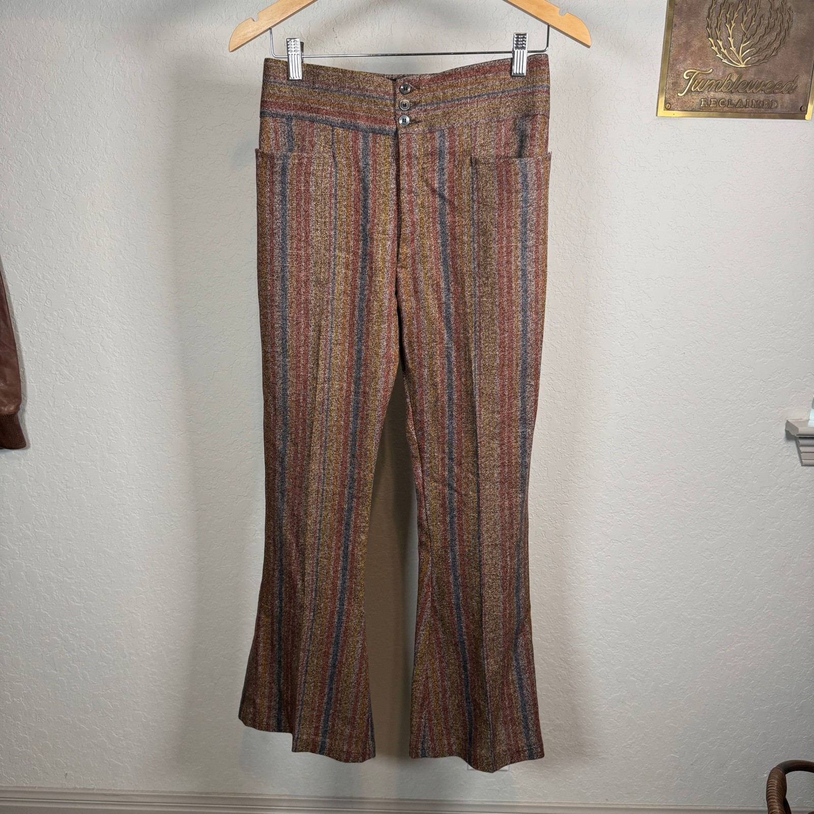 Vintage 70s Style High Waisted Striped Flare Pants Rust Gold Blue Trousers