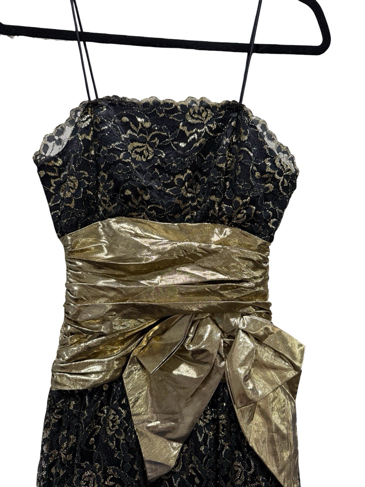 Vintage Glenrob Black Lace Gold Metallic 1980s Party Cocktail Dress Bow Size 5/6