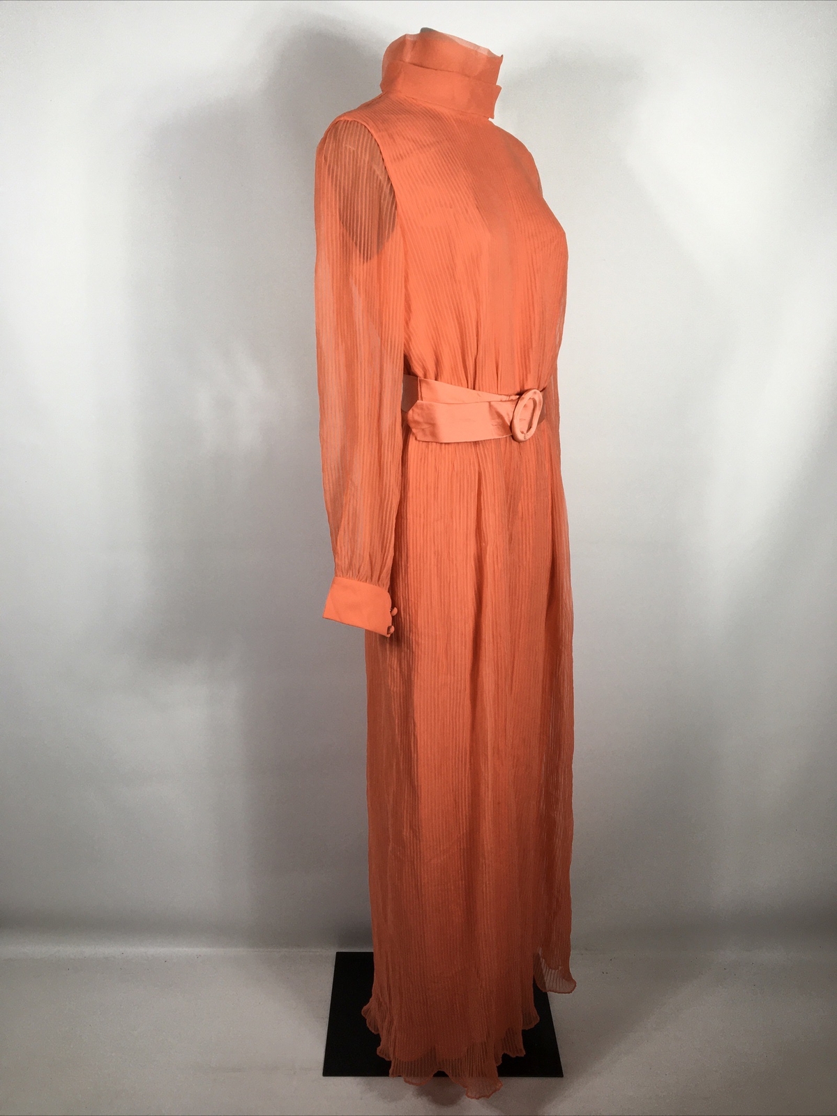 Miss Elliette Coral Illusion Sleeve High Collar Pleated Vtg 60’s Gown Dress