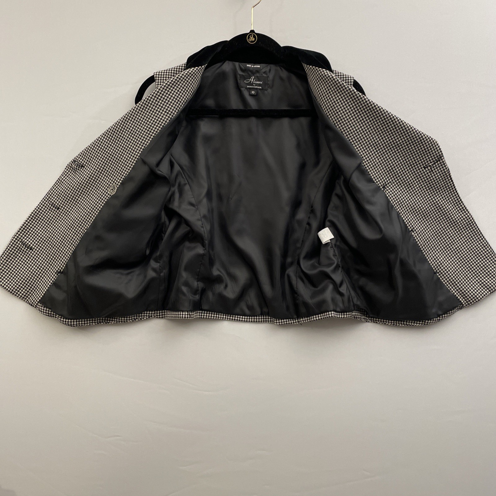 Vtg Alanni by Donnybrook Vest Dbl Breasted Wool Houndstooth Black Velvet Collar