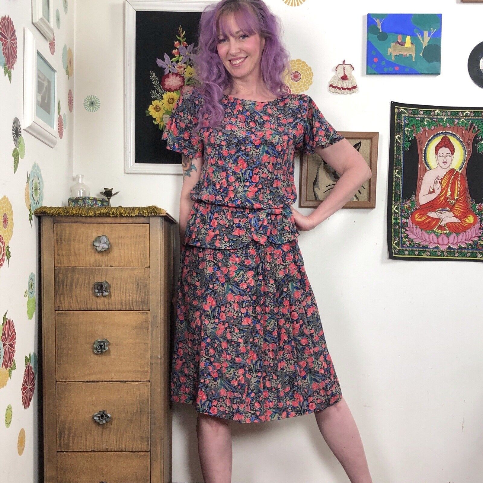 Vintage Secretary Dress, 1980s Floral Peplum Dress by John Robert Sz M