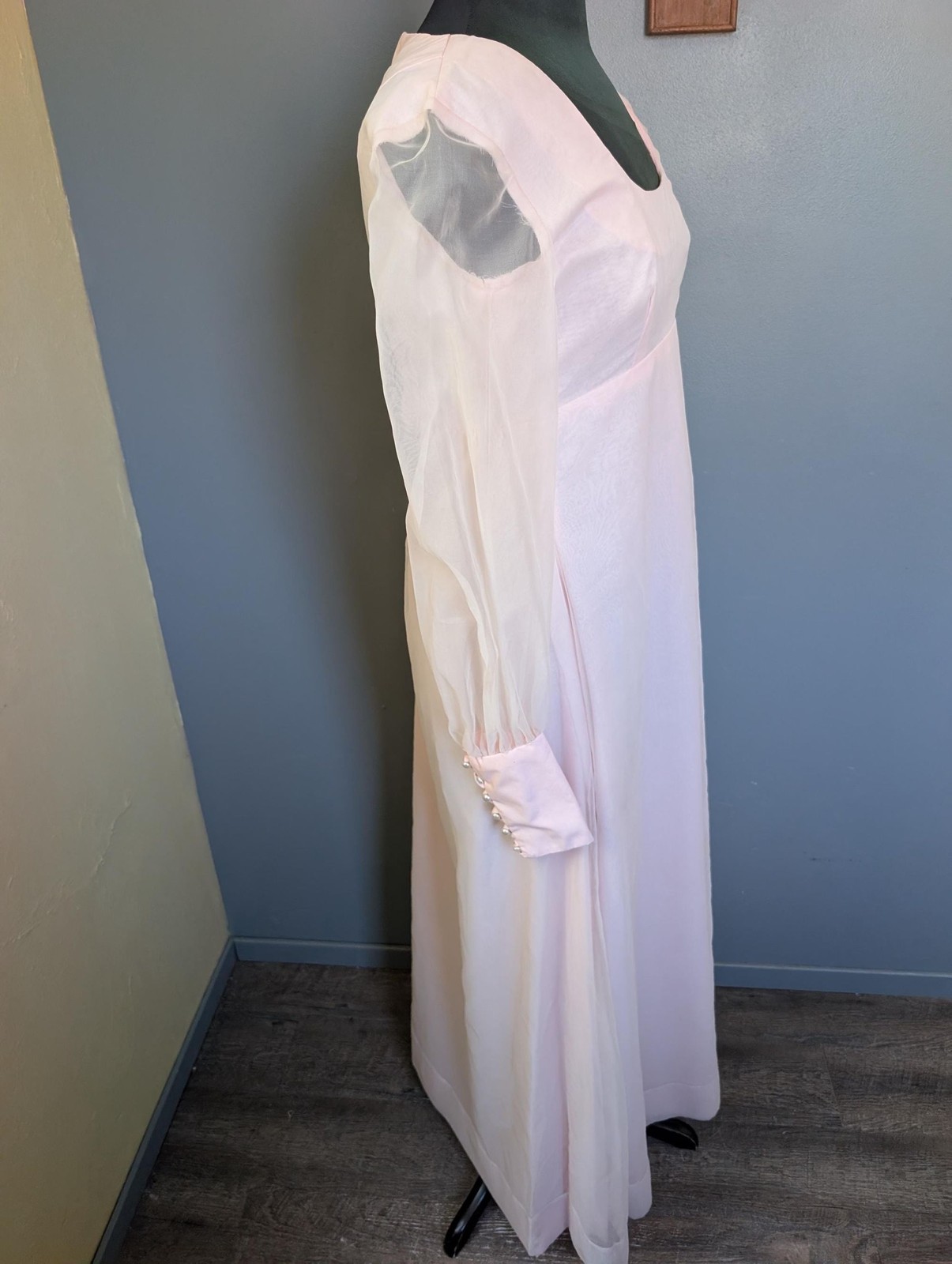 Vintage 70s Pink Empire Waist Maxi Dress; Formal Dress With Long Sleeves