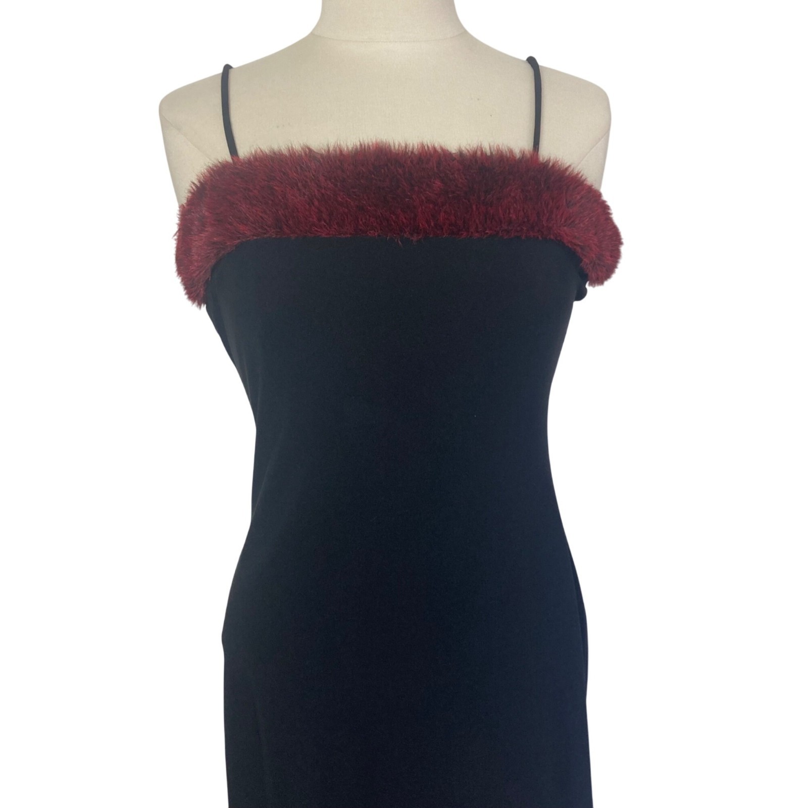 Vintage 90s Y2K Misope Mini Dress Black Medium Burgundy Faux Fur Trim USA Made