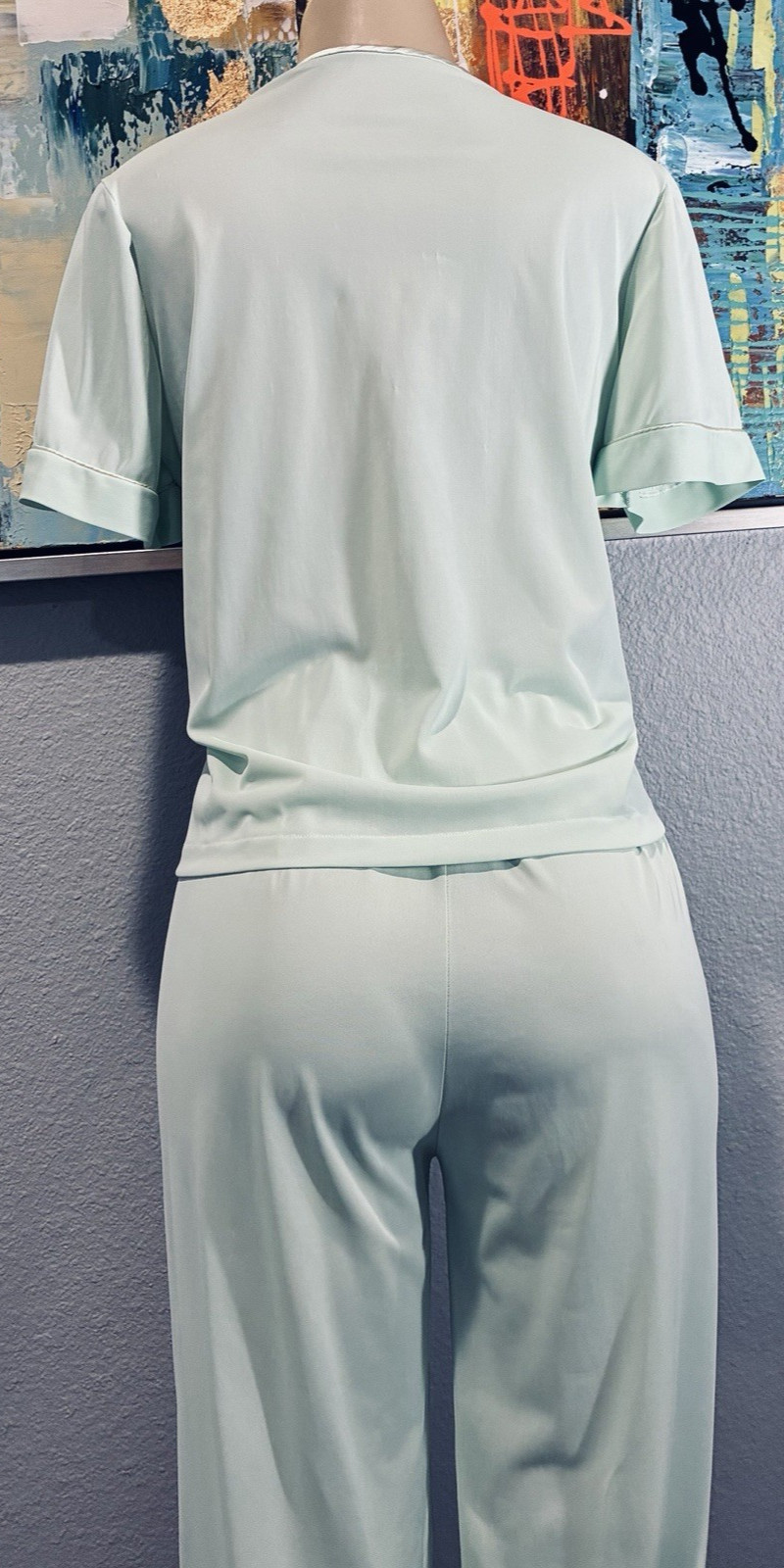 Vtg Mint Nylon Lace Top Lounge Pants Pajamas 34 S