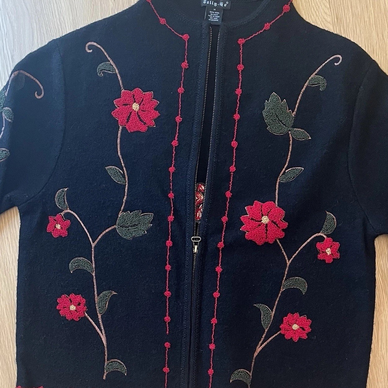 Tally Ho 100% Wool Floral Embroidered Zip Jacket Black Red Flowers Women’s M