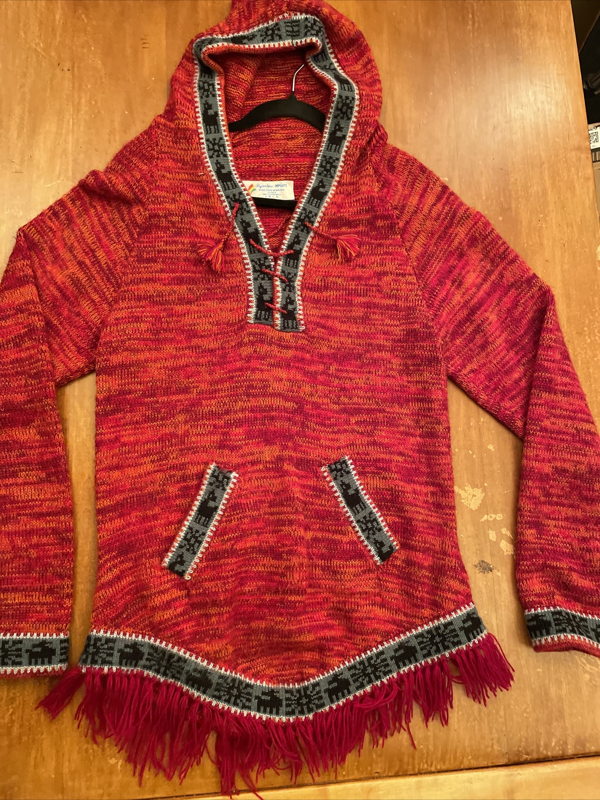 VTG SIGNATURE IMPORTS Bolivia Alpaca Wool Hooded Festival BOHO Sweater Womens L