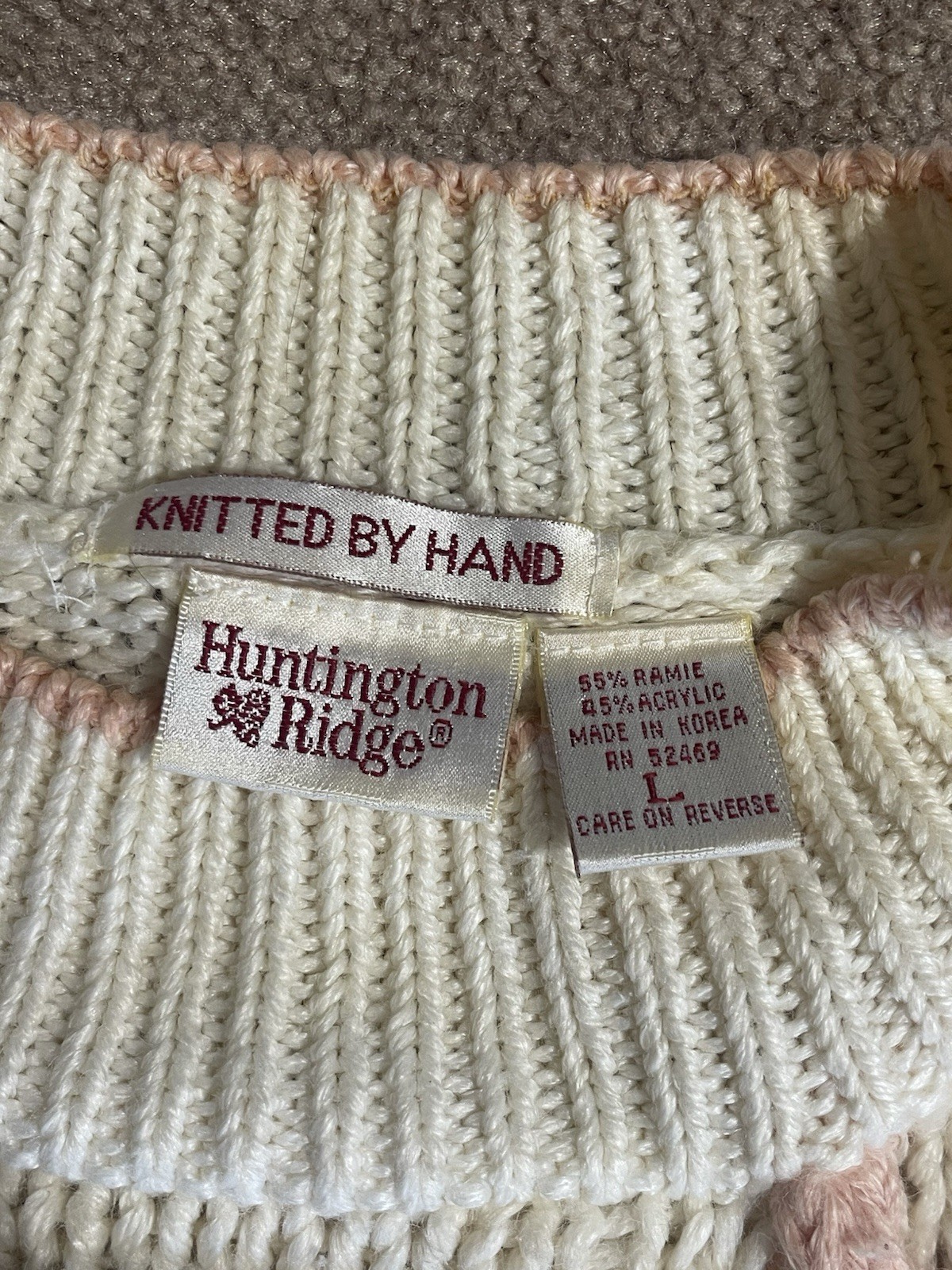 Vintage Huntington Ridge Sweater Womens L Cream Peach Flowers Granny Cottage Fai
