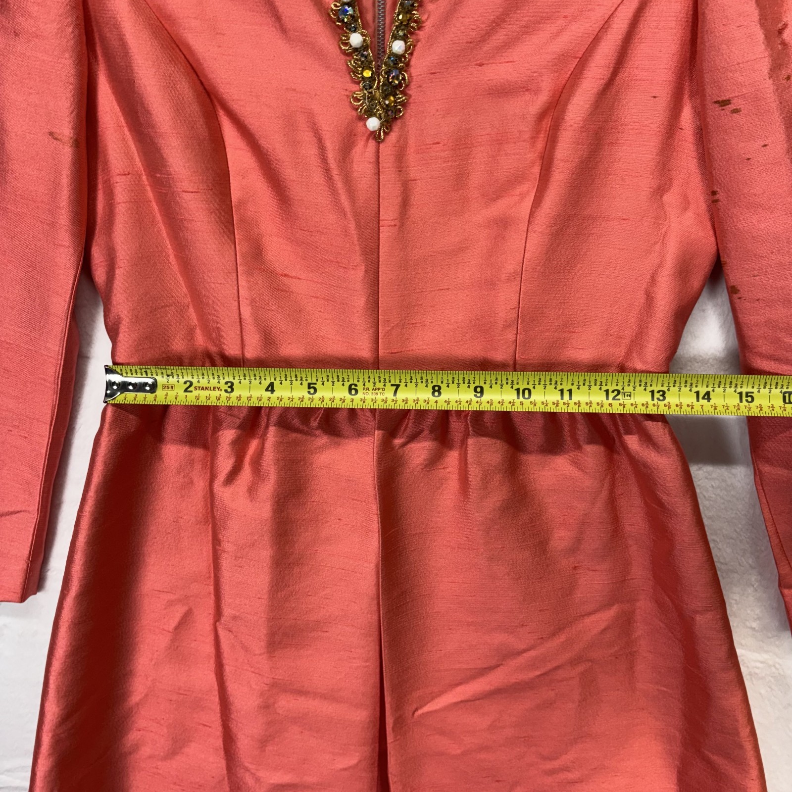 Vintage Gino Charles Dress Silk Wool Pink Beaded V Neck Mod Cocktail 60s Size 6
