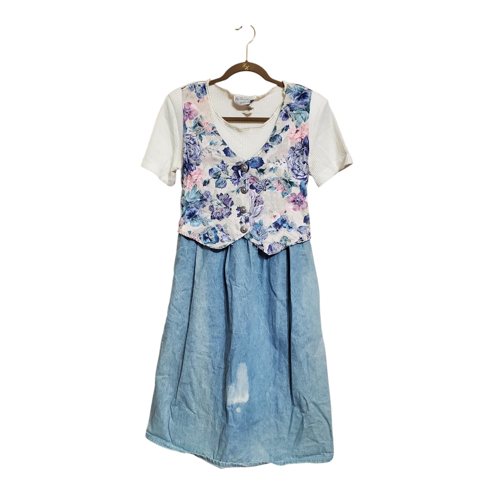 Vtg Ms Conduct California Floral Tapestry Vested Denim Dress Shoulder Pads Sz 10