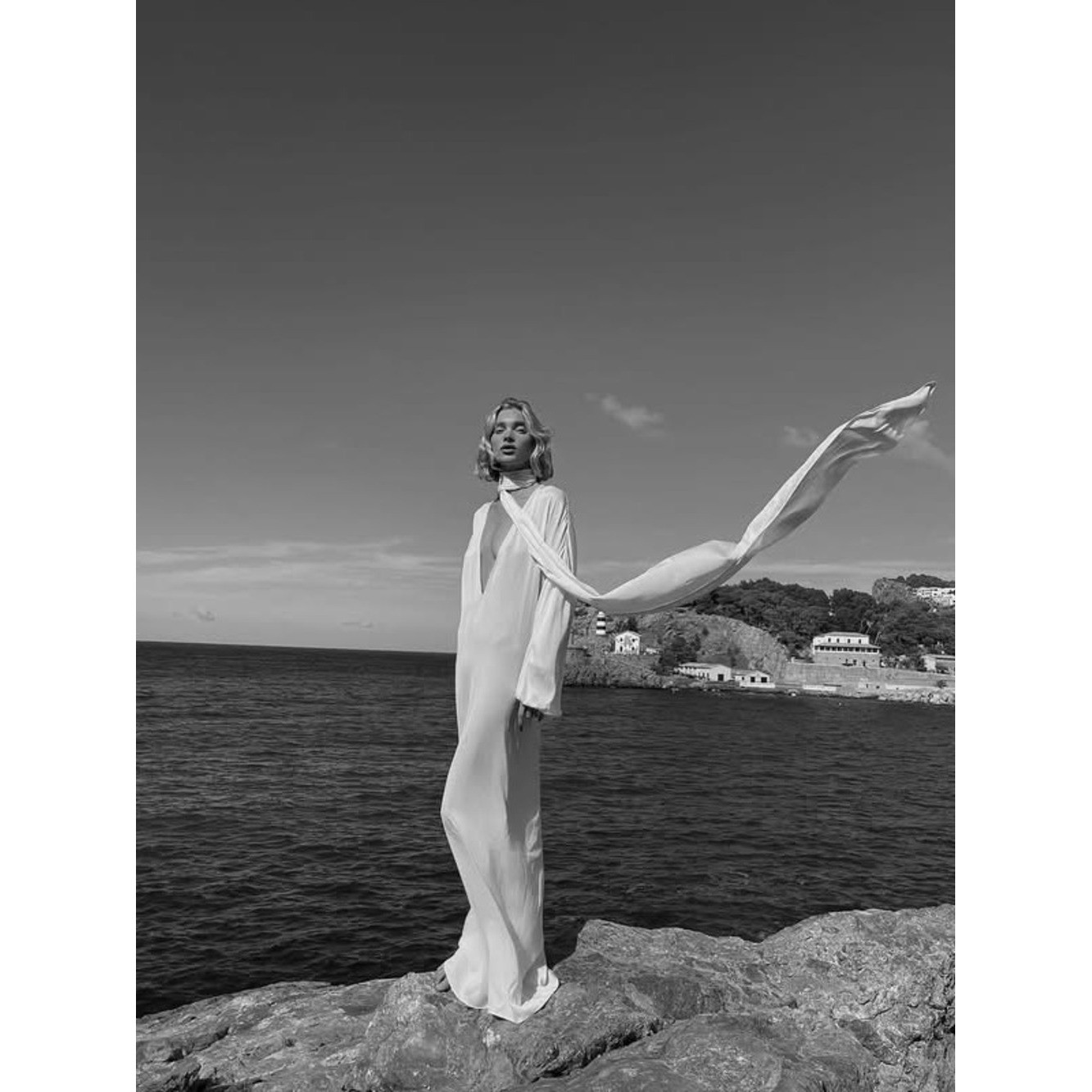 Elegant White Silk Plunging Maxi Dress with Dramatic Sleeves