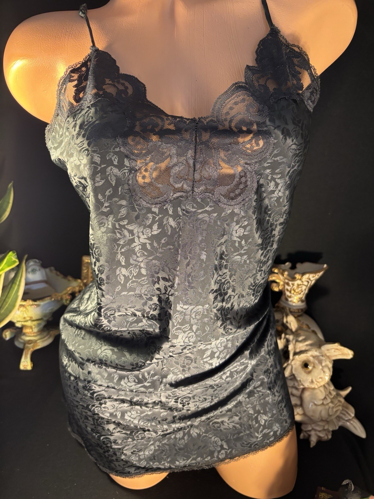 Vtg Satin Shiny Jet Black Nightie Babydoll Gown share Chantilly lace nightgown
