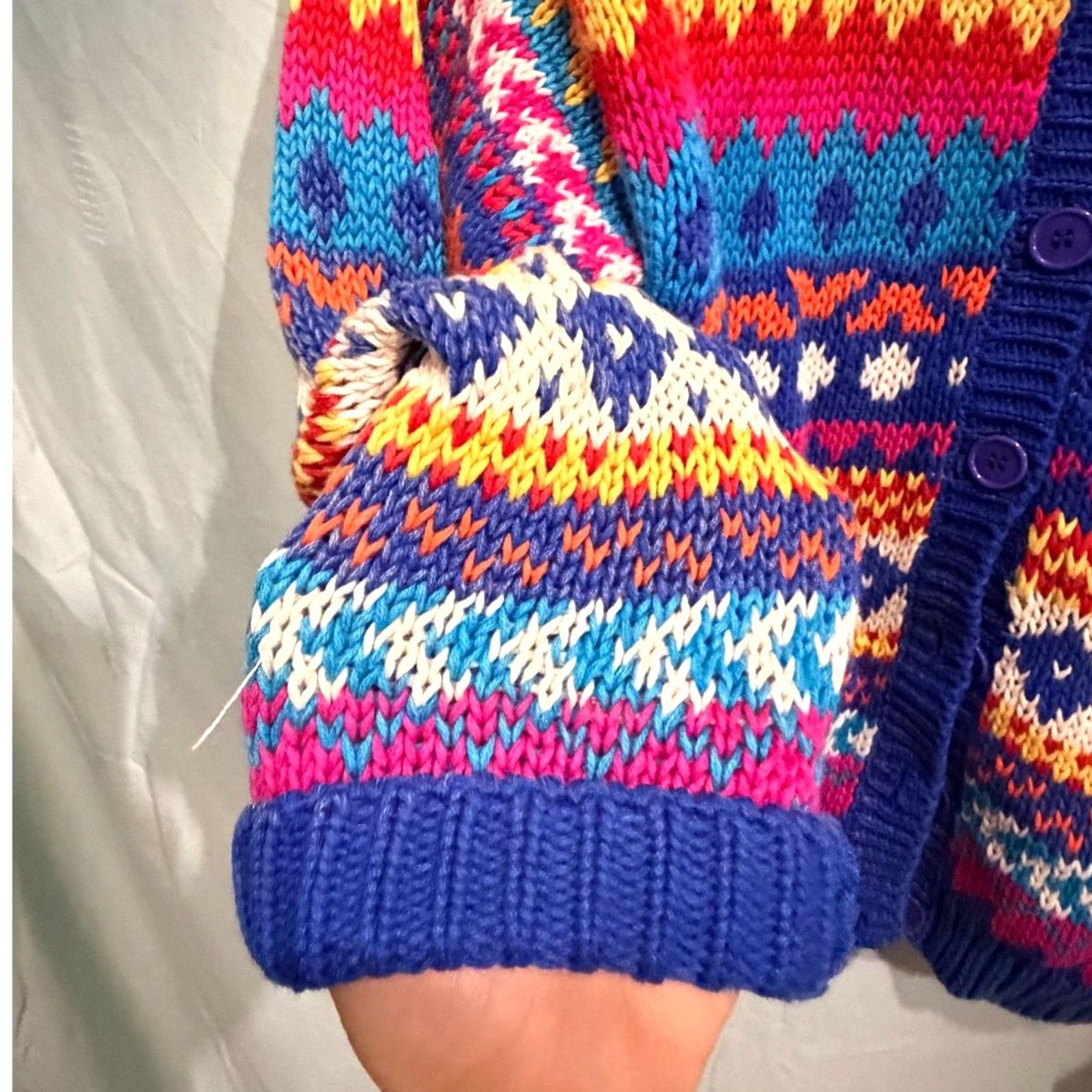 Vintage 80s Marsh Landing Hand Knit Cardigan PL Fair Isle Ramie Cotton Colorful