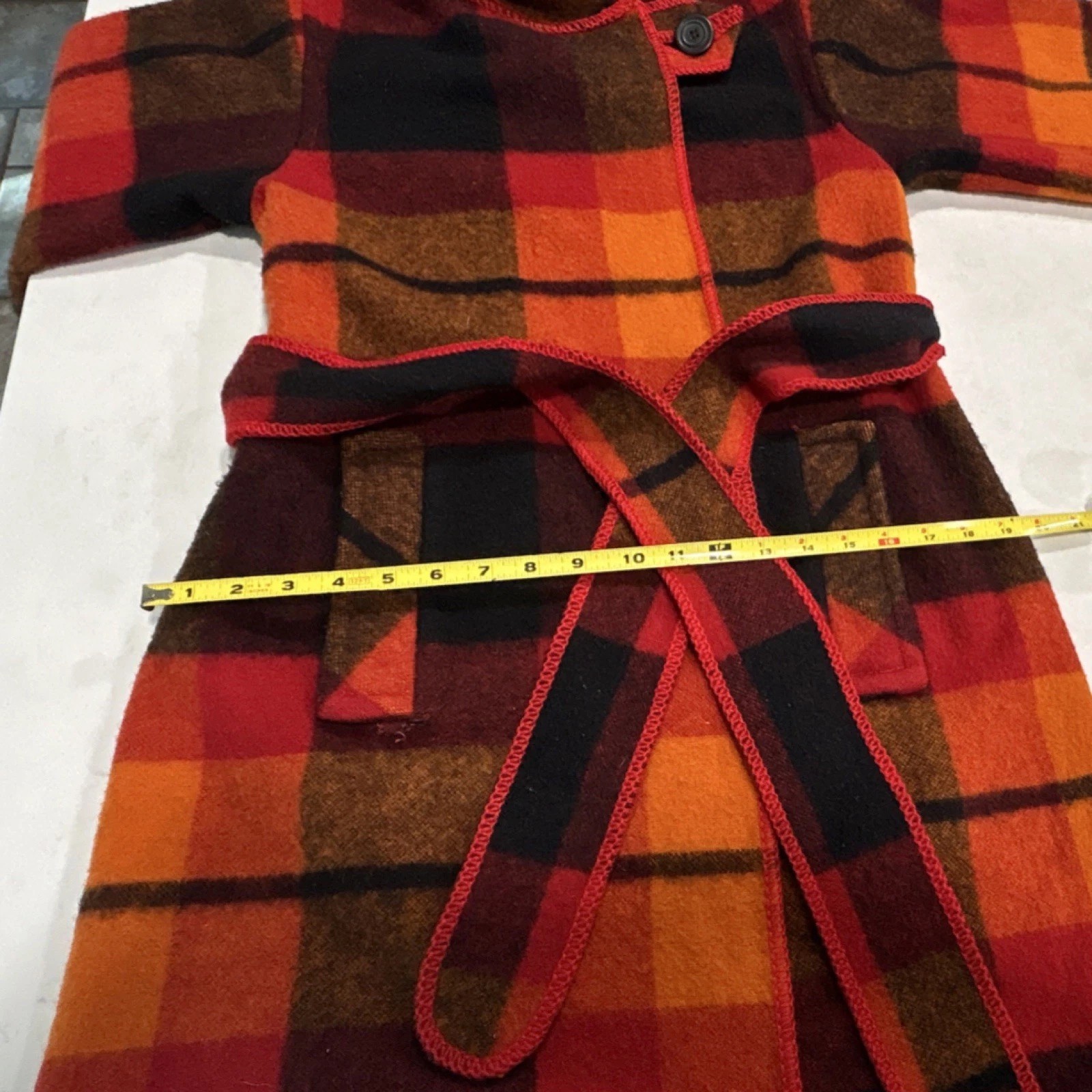 Avenue International Ltd Plaid Wool Hooded Belted Coat Red Orange Brown Size S